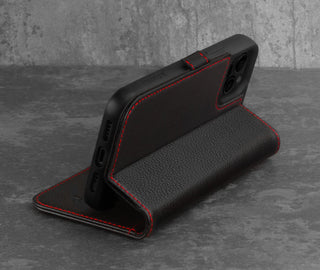 Stand function of the Black Leather (with Red Stitching) Stand Case for iPhone 12 Pro Max