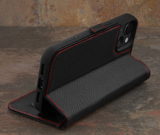 Integrated stand function of the Black with Red Detail Leather Wallet Case for iPhone 15 Plus