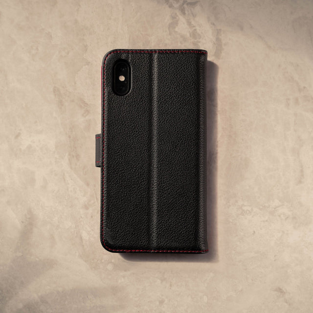 Back and rear camera cutout on the Black Leather (with Red Stitching) Stand Case for iPhone X/XS