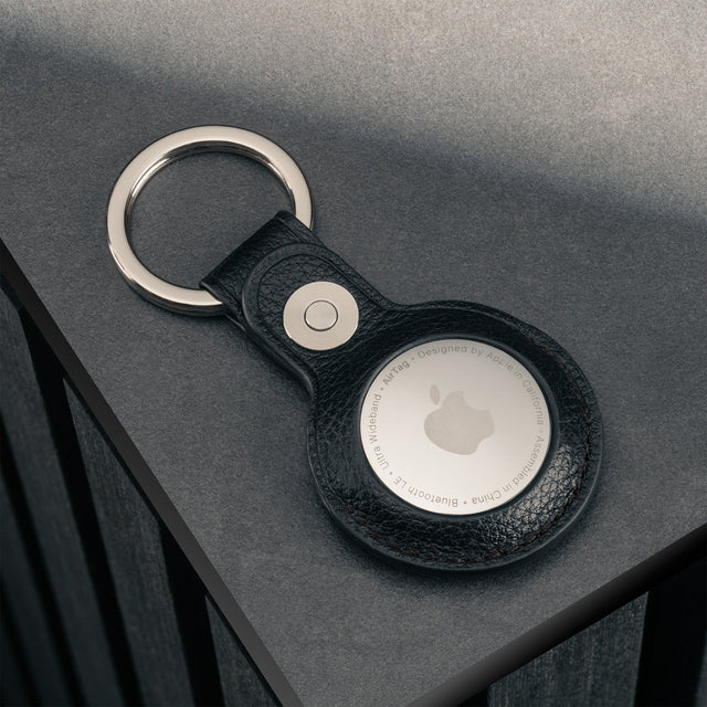 Black Leather Apple AirTag Holder Keyring with AirTag