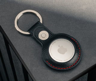 Black with Red Detail Leather Apple AirTag Holder Keyring