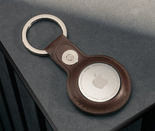Dark Brown Leather Apple AirTag Holder Keyring with Apple AirTag inside