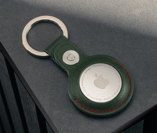Green with Red Detail Leather Apple AirTag Holder Keyring