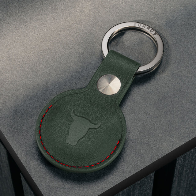 Back of the Green with Red Detail Leather Apple AirTag Holder Keyring