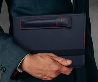 Navy Blue Stitching Leather Apple Pencil Case / Sleeve attached to matching iPad case