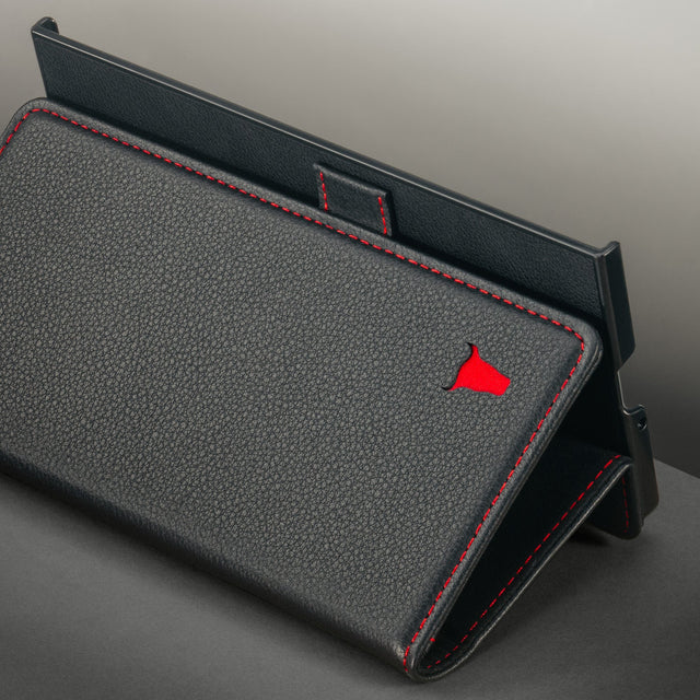 Integrated stand function on the Black with Red Detail Leather Case for Samsung Galaxy Z Fold8 Ultra