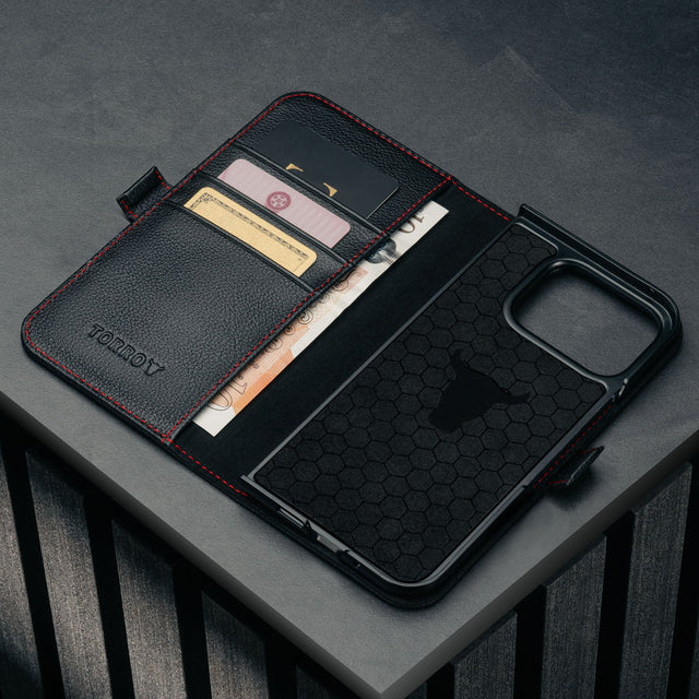 Card slots inside the Black with Red Detail Leather Case for Google Pixel 10 Pro Fold