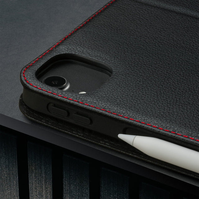 Camera cutout on the Black with Red Detail Leather Case for Apple iPad Air 13