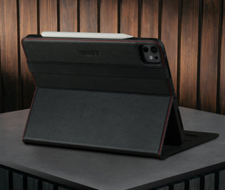 Built-in stand function of the Black with Red Detail Leather Case for Apple iPad Pro 11" (2024)