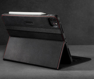 Integrated stand function of the Black Leather (with Red Stitching) Case for iPad Pro 11-inch