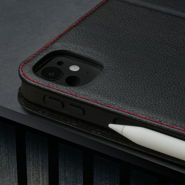 Camera cutout on the Black with Red Detail Leather Case for Apple iPad Pro 12.9
