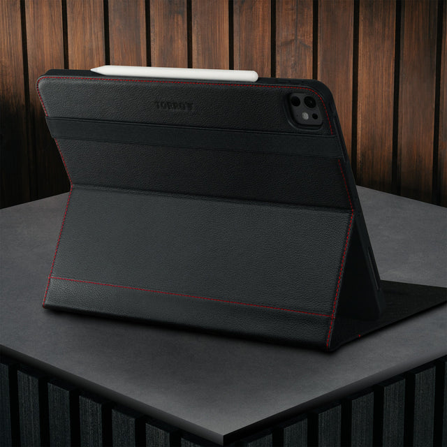 Built=in viewing stand of the Black with Red Detail Leather Case for Apple iPad Pro 12.9