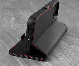 Integrated stand function of the Black Leather (with Red Stitching) Stand Case for iPhone 13 Mini