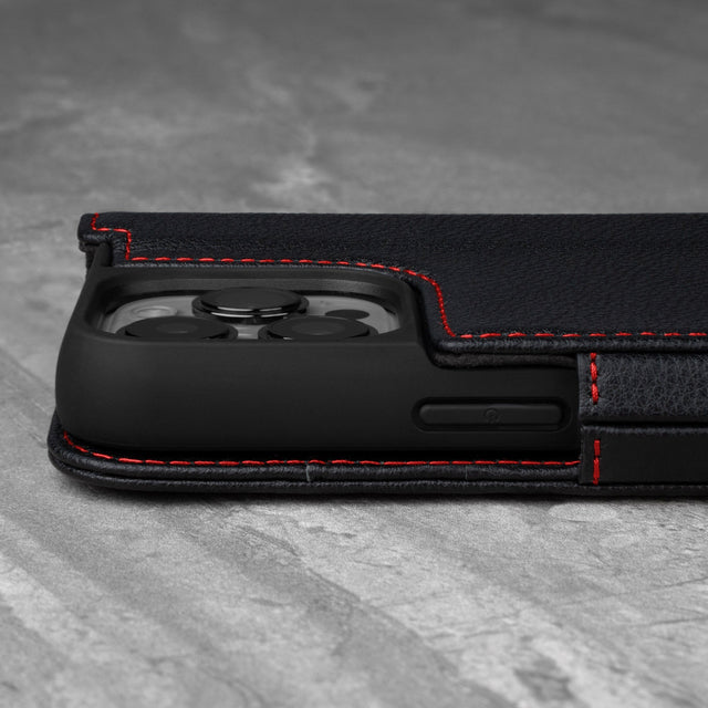 Raised camera lip of the Black Leather (with Red Stitching) Phone Case for iPhone 13 Pro