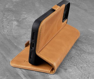 Integrated stand function of the Tan Leather Phone Case for iPhone 13 Pro