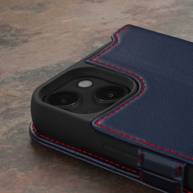 Camera cutout on the Navy Blue Leather Wallet Case for iPhone 15 Plus