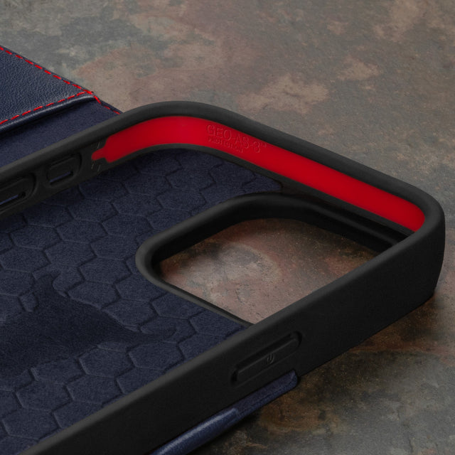 Geometric microfibre lined frame with advanced GEO-AS-3 protection of the Navy Blue Leather Wallet Case for iPhone 15 Pro Max