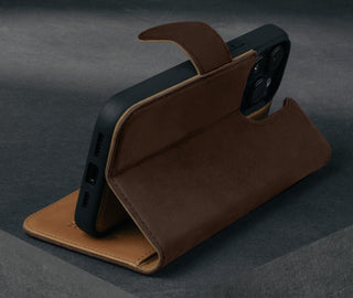 Stand function of the Dark Brown Nubuck Leather Case (with detachable cover) for iPhone 15 Pro