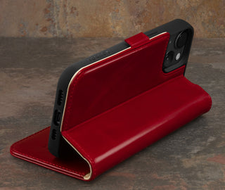 Integrated stand function of the Red Leather Wallet Case for iPhone 15