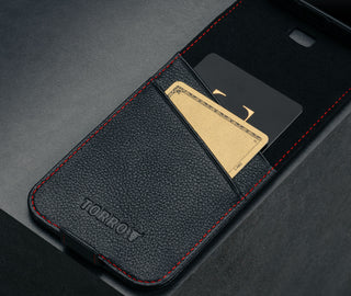 Card slots inside the Black with Red Stitching Leather Flip Case for iPhone 16 Pro