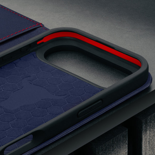 Microfibre lined frame of the Navy Blue Leather Case for iPhone 17 Air