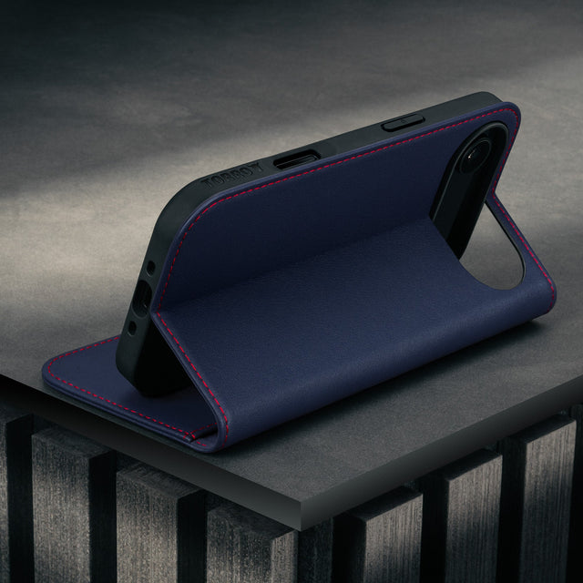 Stand function of the Navy Blue Leather Case for iPhone 17 Air