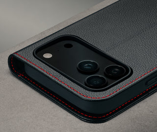 Camera cutout on the Black Leather Case (with Red Stitching) for iPhone 17 Pro Max