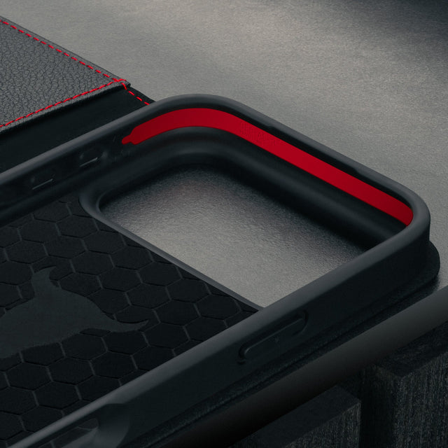 Microfibre lined frame in the Black Leather Case (with Red Stitching) for iPhone 17 Pro