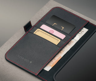 Card holder inside the Black Leather Case (with Red Stitching) for iPhone 17 Pro