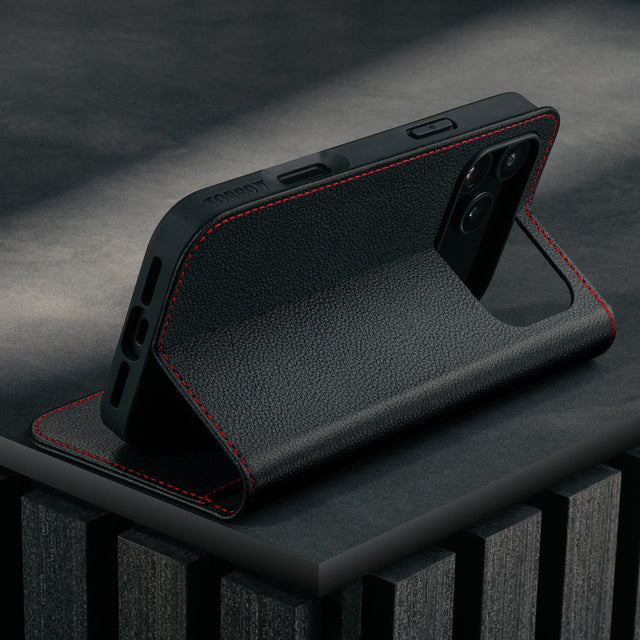 Stand function of the Black Leather Case (with Red Stitching) for iPhone 17 Pro