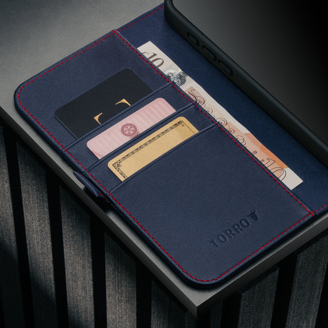 Card holder inside the Navy Blue Leather Case for iPhone 17 Pro