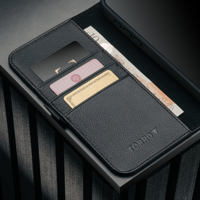 card holder inside the Black Leather Case for iPhone 17