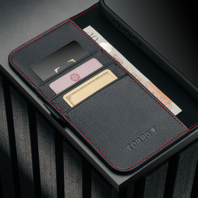 Card holder inside the Black (with Red Detail) Leather Case for iPhone 17