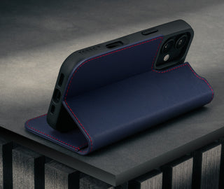Stand function of the Navy Blue Leather Case for iPhone 17