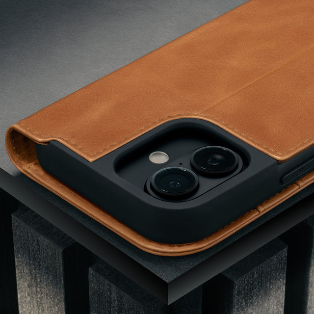 Camera cutout on the Tan Leather Case for iPhone 17