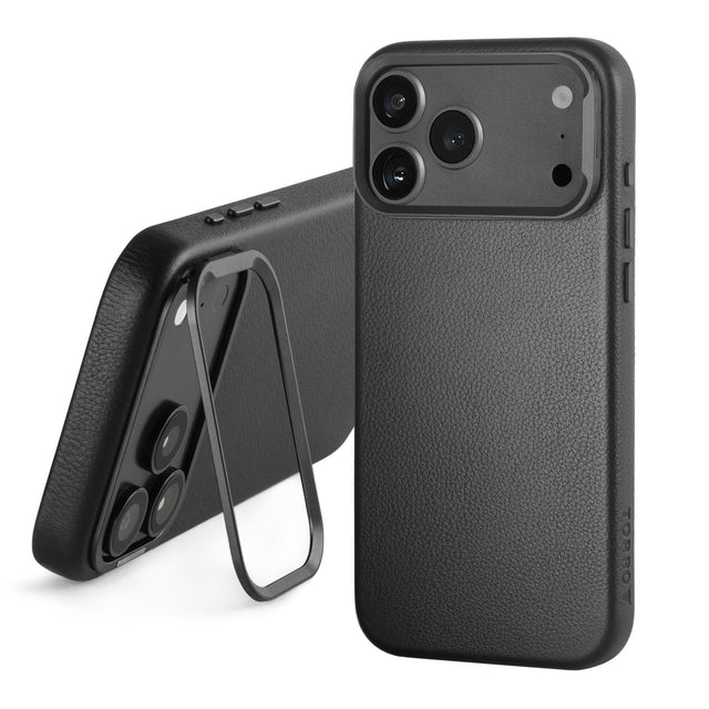 Black Leather Bumper Case (with Camera Stand) for iPhone 18 Pro / 17 Pro