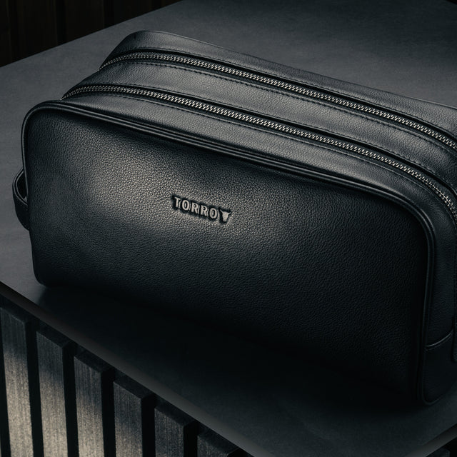 TORRO logo on the Black Leather Wash Bag