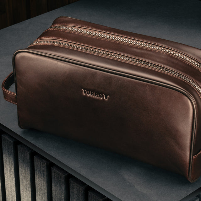 TORRO logo on the Dark Brown Leather Wash Bag