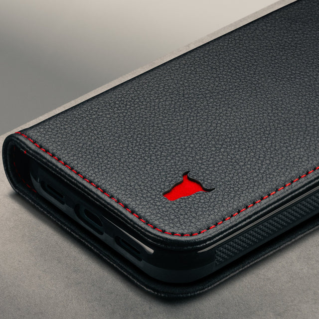 Close up on the Black with Red Stitching Leather Case for the Google Pixel 11 Pro