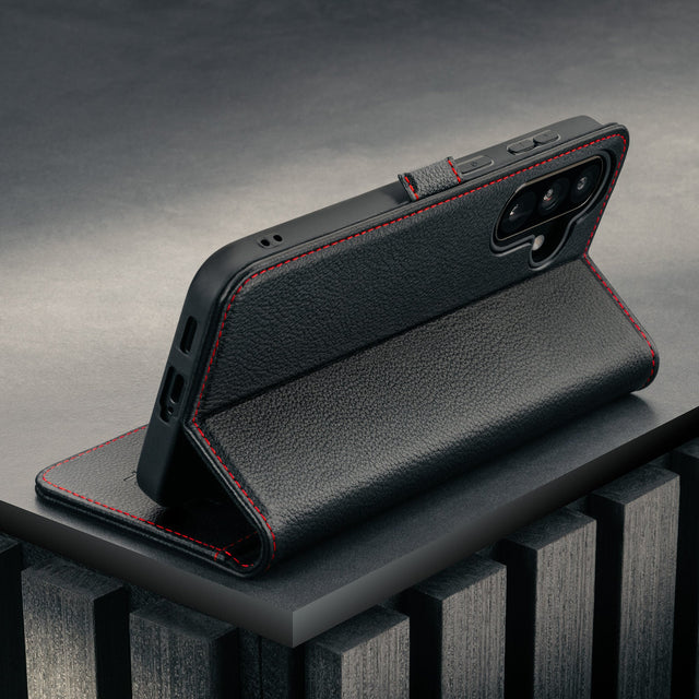 Stand function of the Black with Red Detail Leather Case for Galaxy A57