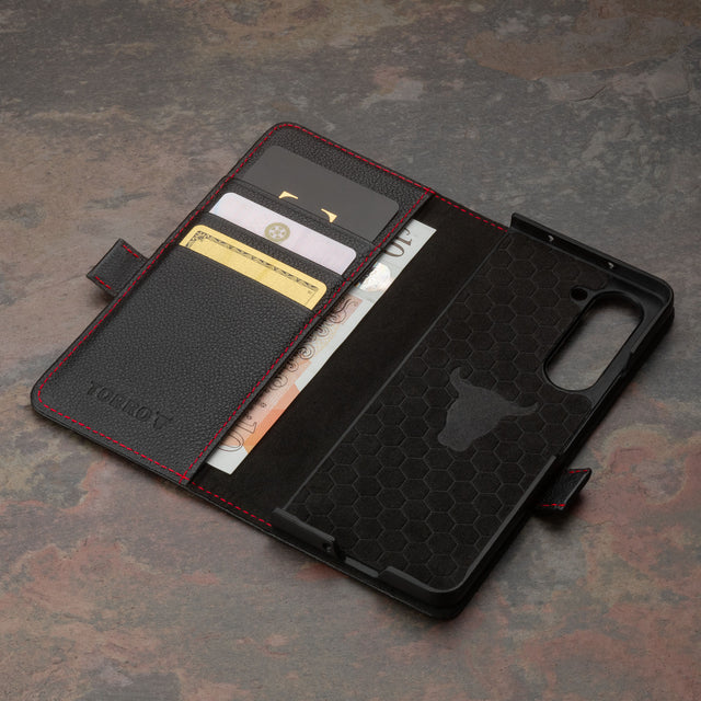 Card slots inside the Black with Red Detail Leather Wallet Case for Galaxy Z Fold5