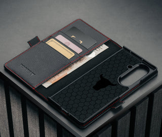 Card holder and microfibre lining in the Black with Red Detail Leather Case for Samsung Galaxy Z Fold7