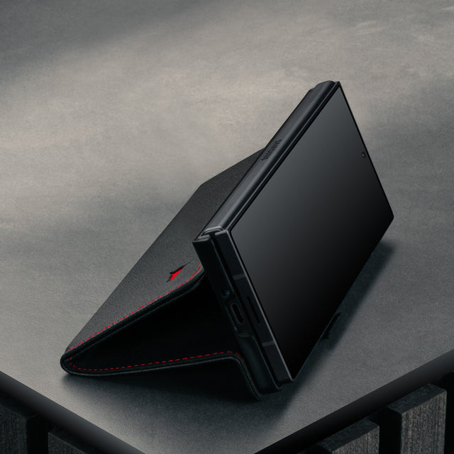 Integrated stand function on the Black with Red Detail Leather Case for Samsung Galaxy Z Fold7