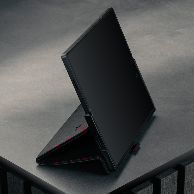 Integrated stand function of the Black with Red Detail Leather Case for Samsung Galaxy Z Fold7