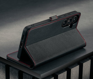 Stand function of the Black with Red Detail Leather Case for Galaxy S25 FE