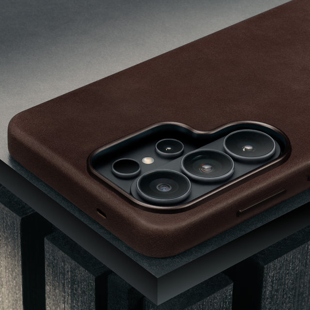 Camera cutout on the Dark Brown Leather Bumper Case for Galaxy S26 Ultra