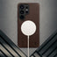 Wireless charger attached to the Dark Brown Leather Bumper Case for Galaxy S26 Ultra
