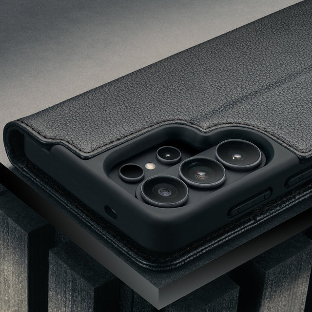 Camera cutout on the Black Leather Stand Case for Galaxy S26 Ultra
