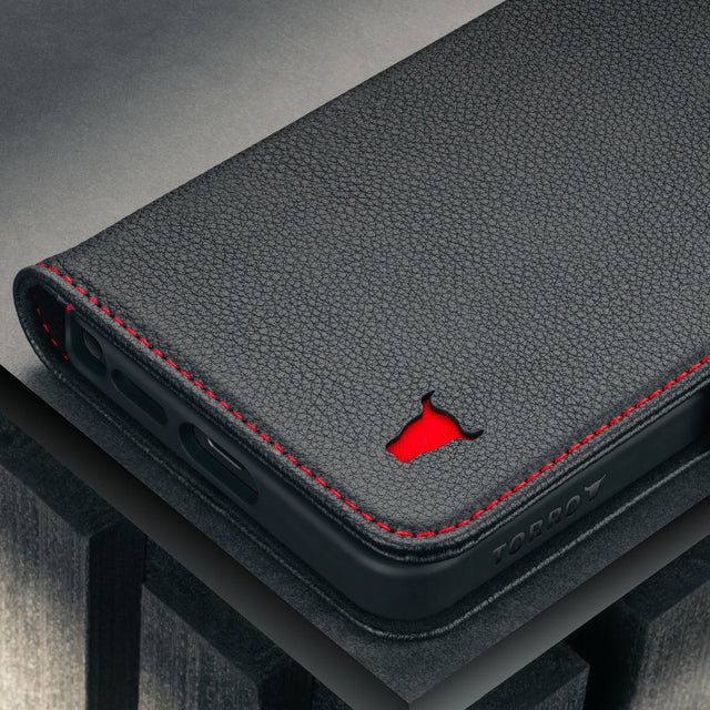 Black with Red Detail Leather Stand Case for Galaxy S26 Ultra