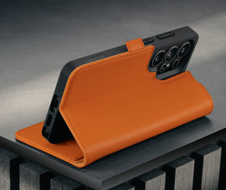 Stand function of the Orange Leather Stand Case for Galaxy S26 Ultra